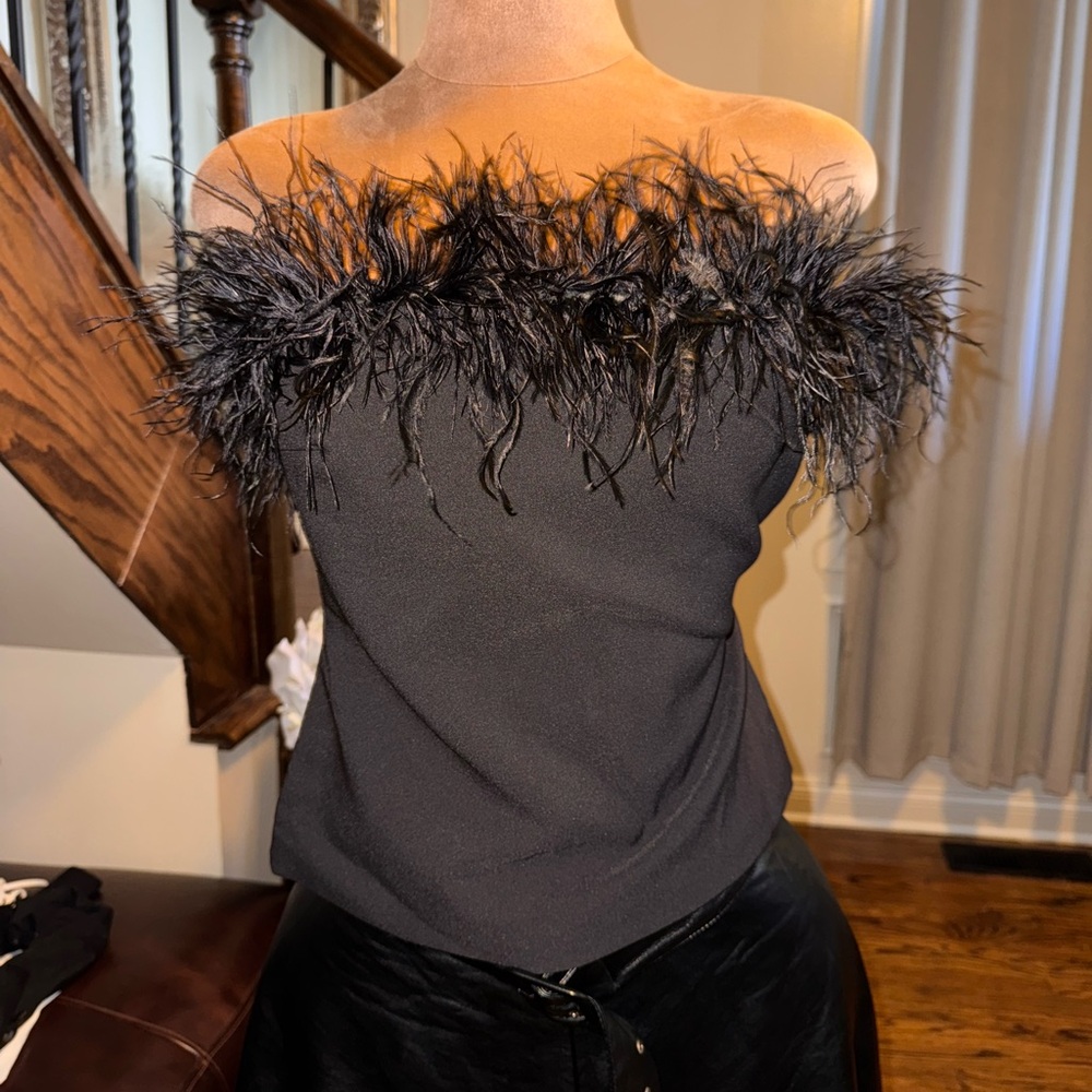 Zara Black Off-Shoulder Feather Trim Top